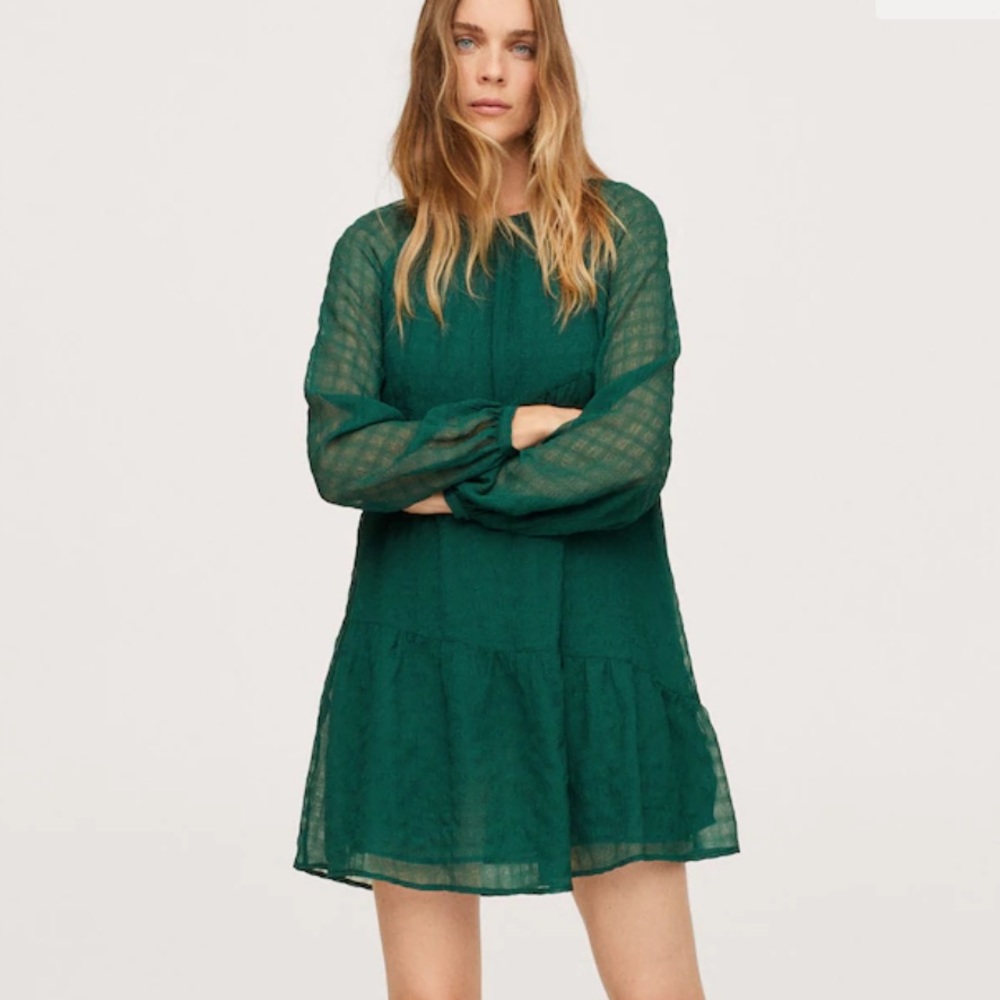 Mango MNG Sheer Green Textured long sleeve flowy dress